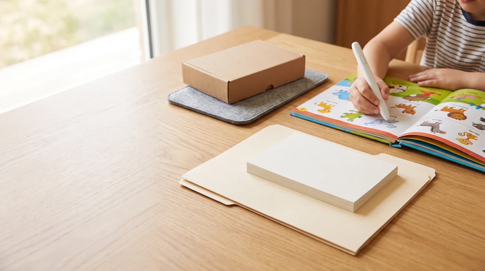 Child using an unbranded reading pen with an interactive learning book during pre-production document control