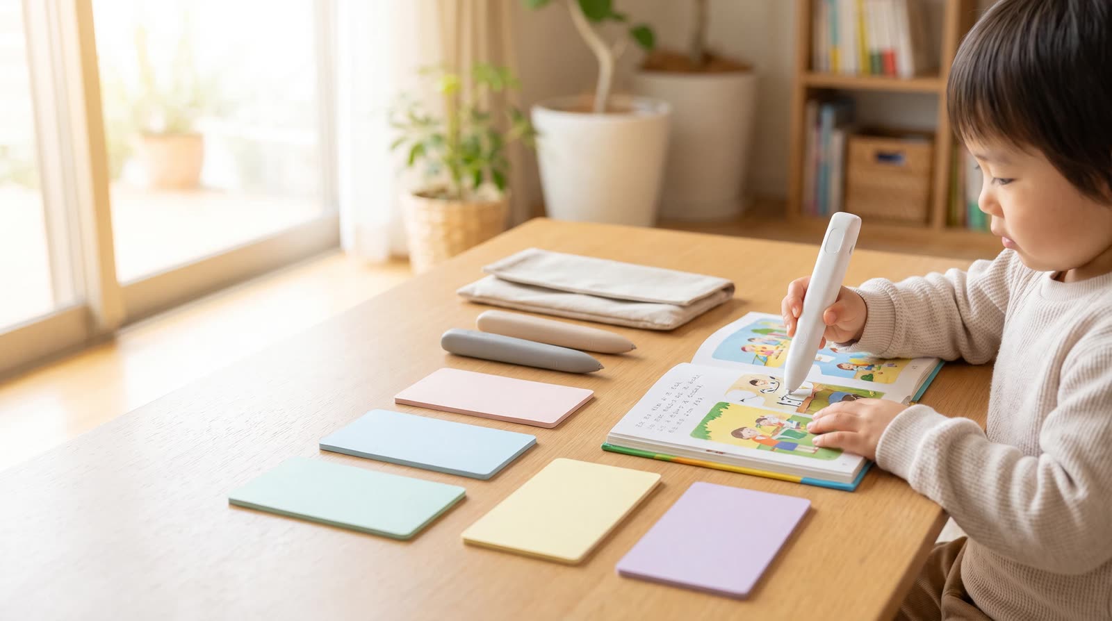 Child using an unbranded reading pen with an interactive learning book during supplier scorecard construction