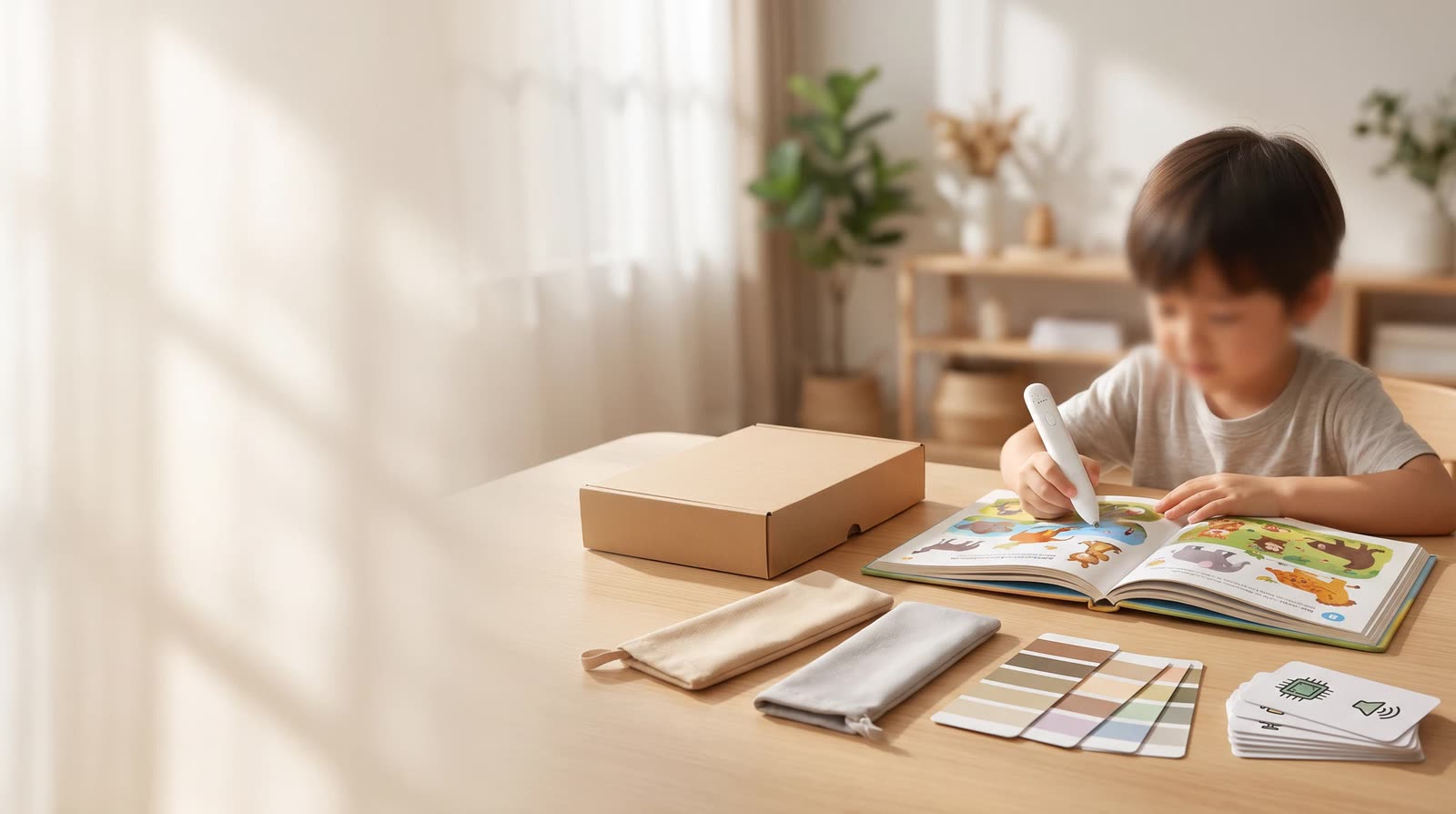 Child using an unbranded reading pen with an interactive learning book during commercial scope and cost-driver review