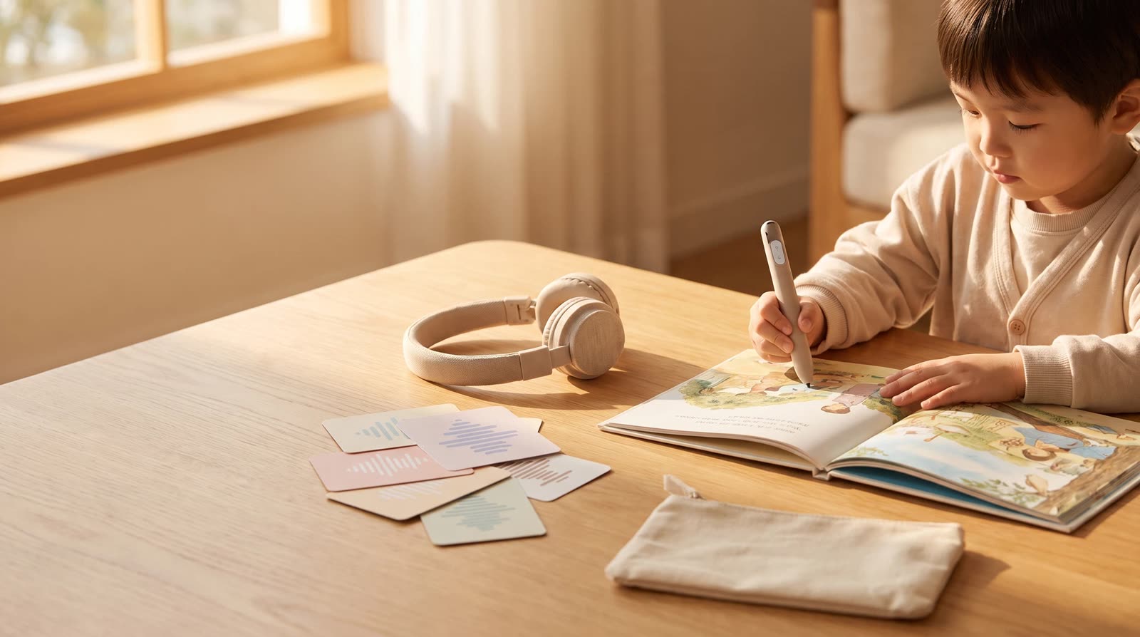 Child using an unbranded reading pen with an interactive learning book during audio-experience evaluation