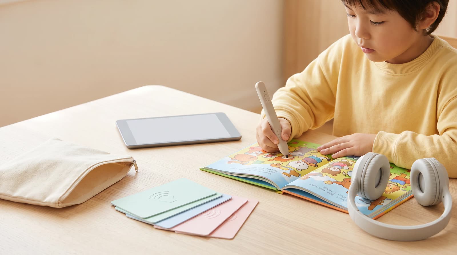 Child using an unbranded reading pen with an interactive learning book during audio-format selection