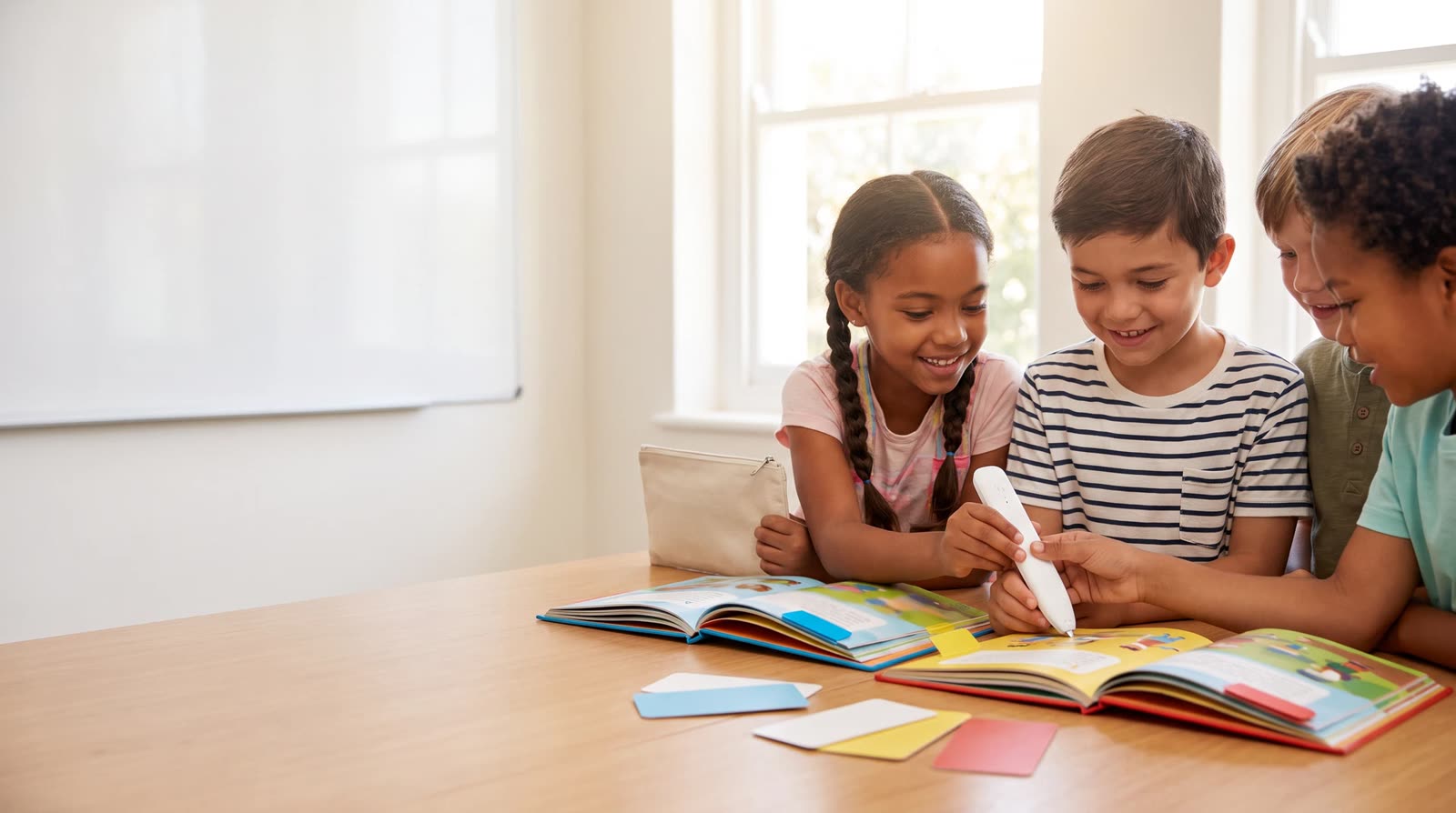 Child using an unbranded reading pen with an interactive learning book during multilingual product planning