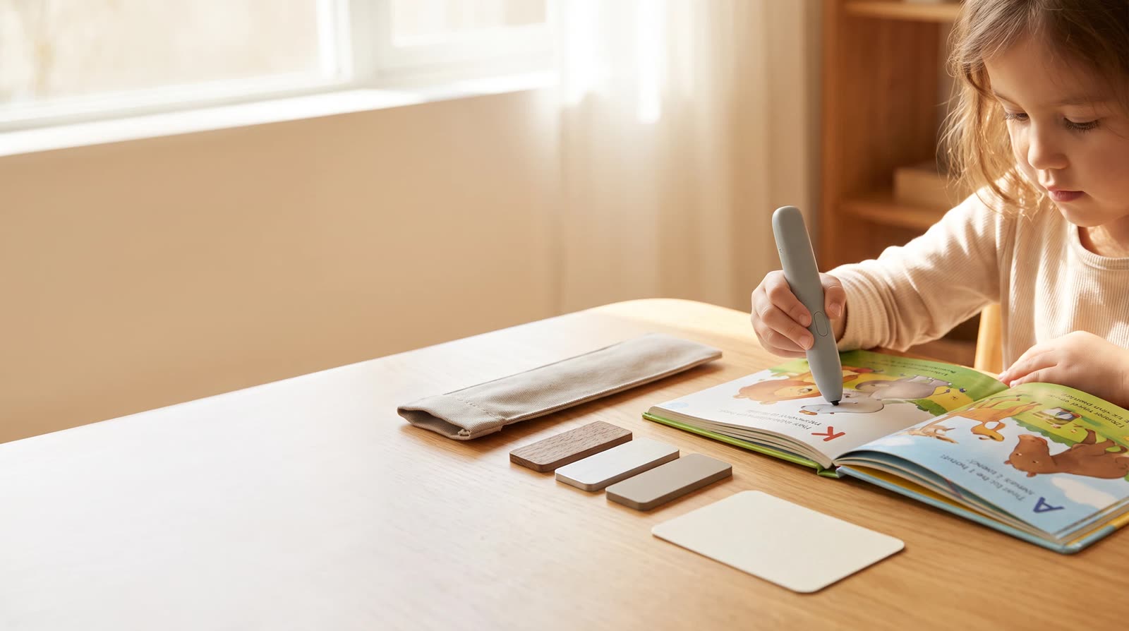 Child using an unbranded reading pen with an interactive learning book during housing-material selection