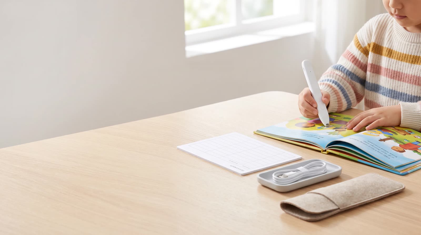 Child using an unbranded reading pen with an interactive learning book during product specification control