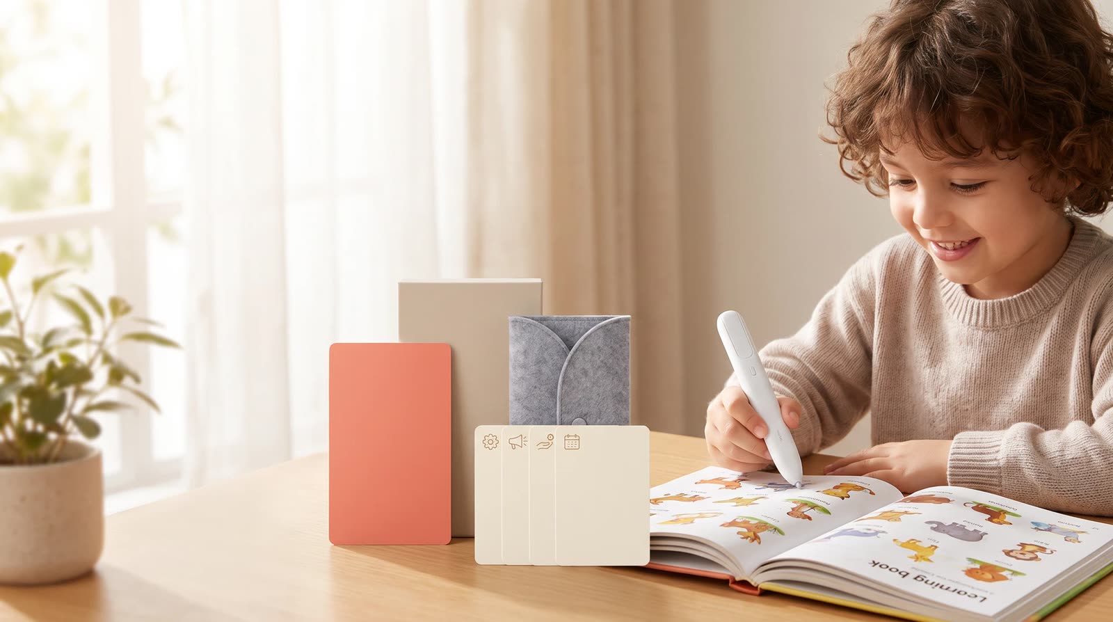 Child using an unbranded reading pen with an interactive learning book during private-label launch sequencing