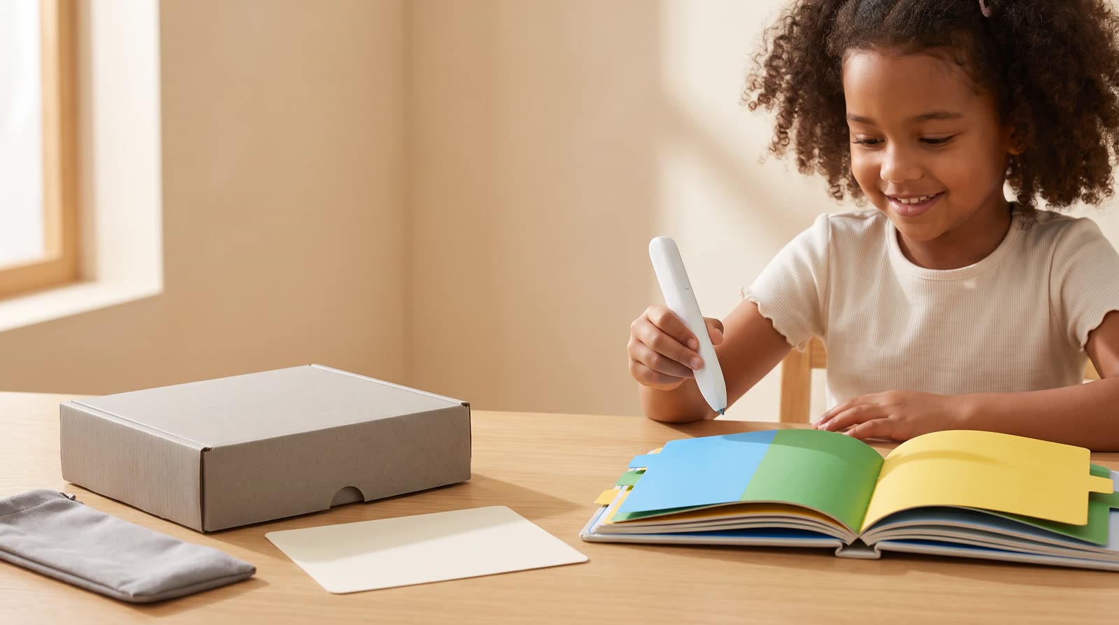 Child using an unbranded reading pen with an interactive learning book during bilingual book-and-pen set development