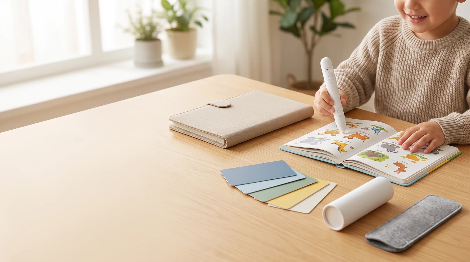 Child using an unbranded reading pen with an interactive learning book during brand-asset protection planning
